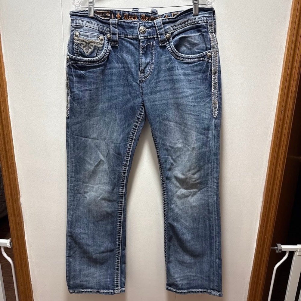 Rock Revival Rogue Boot Mens Jeans Size 33 Medium Wash Embroidered‎ RP2209B200R